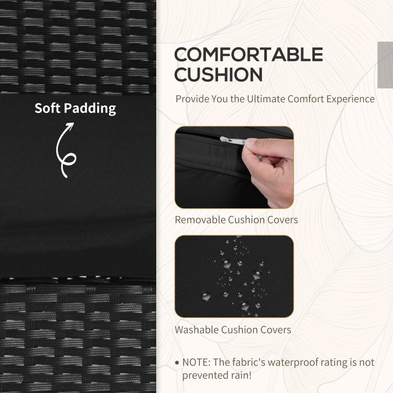 Outsunny 3 Pieces Rattan Bistro Set, Wicker Garden Furniture Set with Glass Top Coffee Table and Chairs, Washable Cushions, for Outdoor, Patio, Balcony, Black