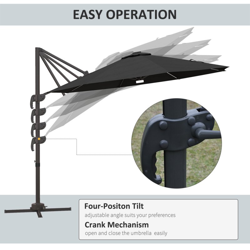 Outsunny 3(m) Cantilever Roma Parasol Garden Sun Umbrella Outdoor Patio with 360 Rotation Crank & Tilt Aluminium Frame LED Solar Light Cross Base, Dark Grey