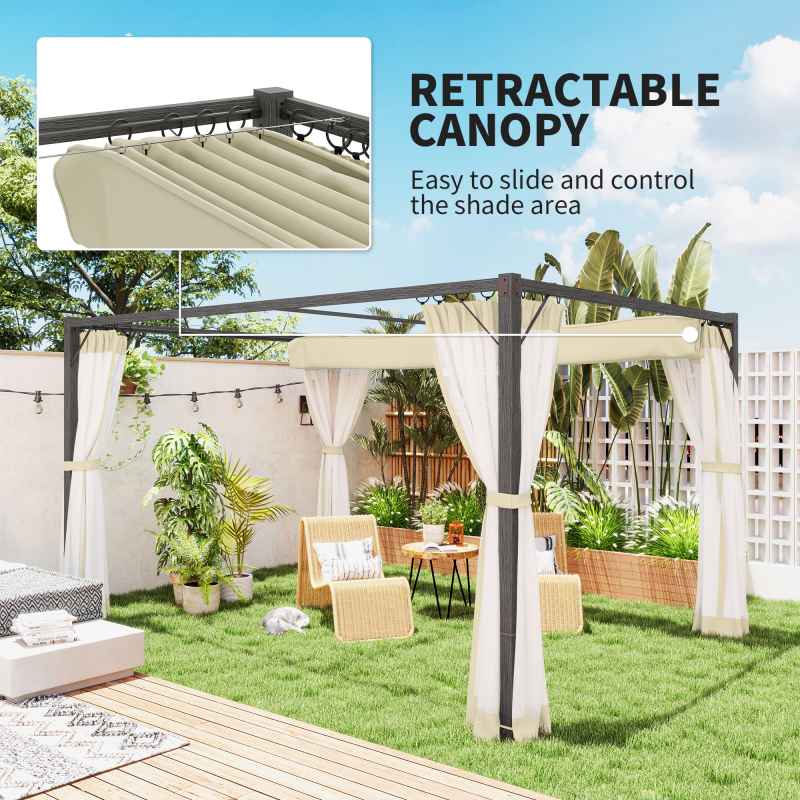 Outsunny 3 x 4 m Pergola with Retractable Roof Canopy and Netting Sidewalls, Aluminium Frame Garden Gazebo Outdoor Sun Shade Shelter for Grill, Patio, Deck, Khaki