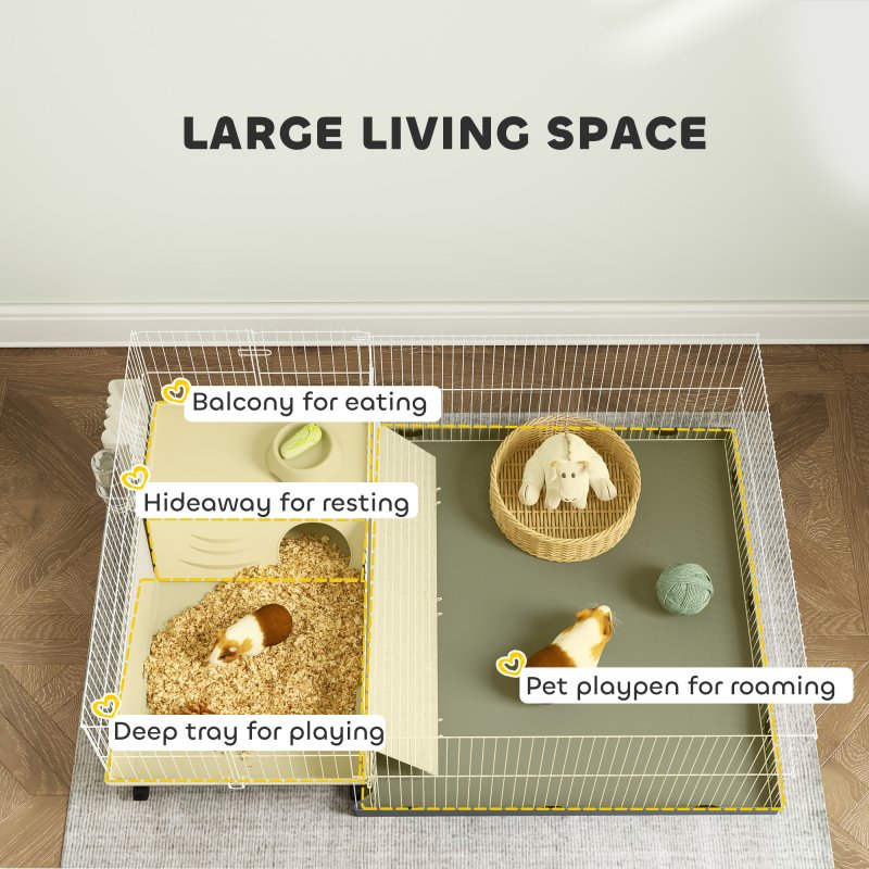 PawHut Guinea Pig Cage with Removable Pet Playpen, Waterproof Pad, Hay Feeder, Water Bottle, Food Dish, Hideaway, Balcony, Soft-Covered Ramp, Wheels, Small Animal Cage for Guinea Pig, Hedgehog