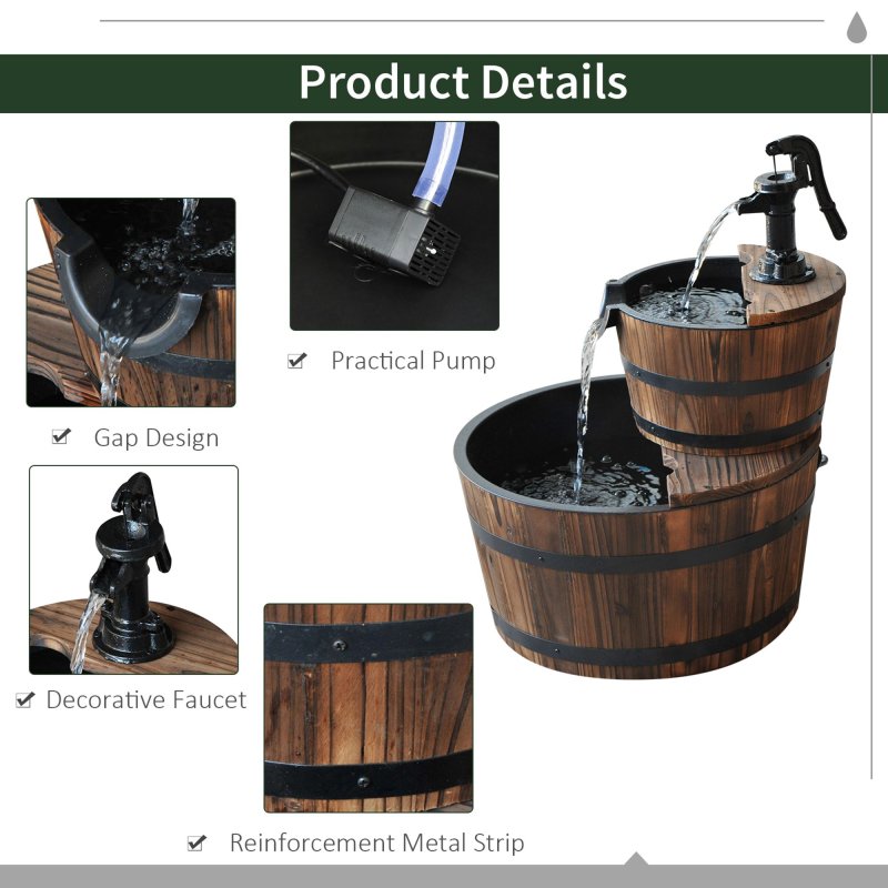 Outsunny Wooden 2-Tier Barrel Water Fountain with Pump Freestanding Cascading Feature Self Contained Water Pump Garden Decoration