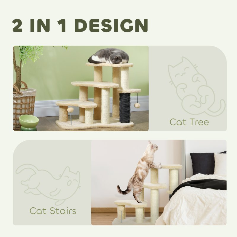 Pet Steps for Bed and Sofa Dog Cat Stairs w/ Scratching Tickling Post, Beige