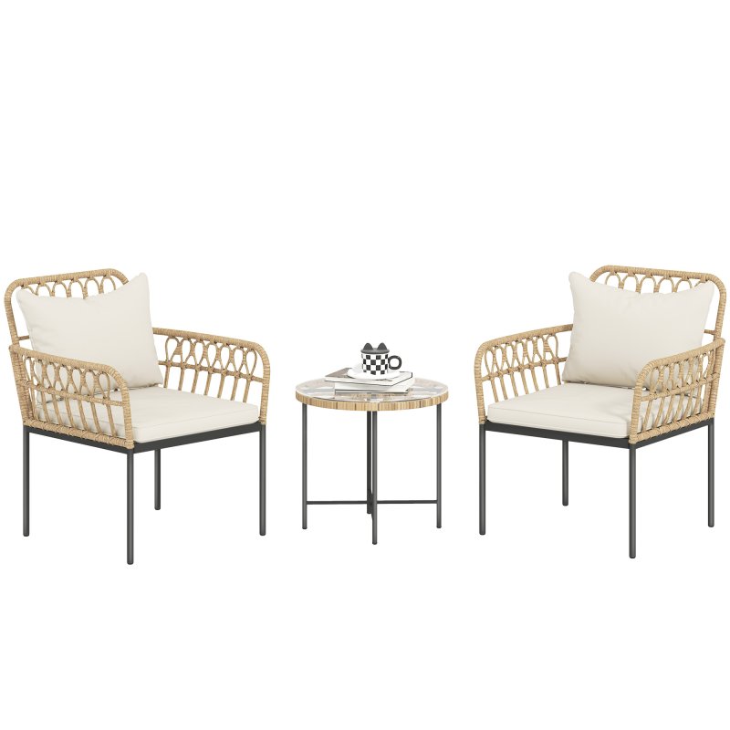 Outsunny 3 Piece Rattan Bistro Set, Wicker Garden Furniture Set with Cushions, Glass Top Coffee Table and Chairs for Outdoor, Patio, Balcony, Beige