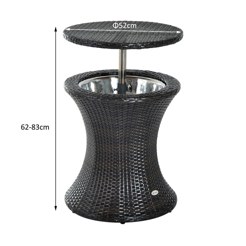 Outsunny PE Rattan Ice Bucket Table, Height Adjustable Liftable Outdoor Drinks Cooler, 52 cm Round Garden Beer Cocktail Table with Lid for Bar, Patio, Terrace, Brown