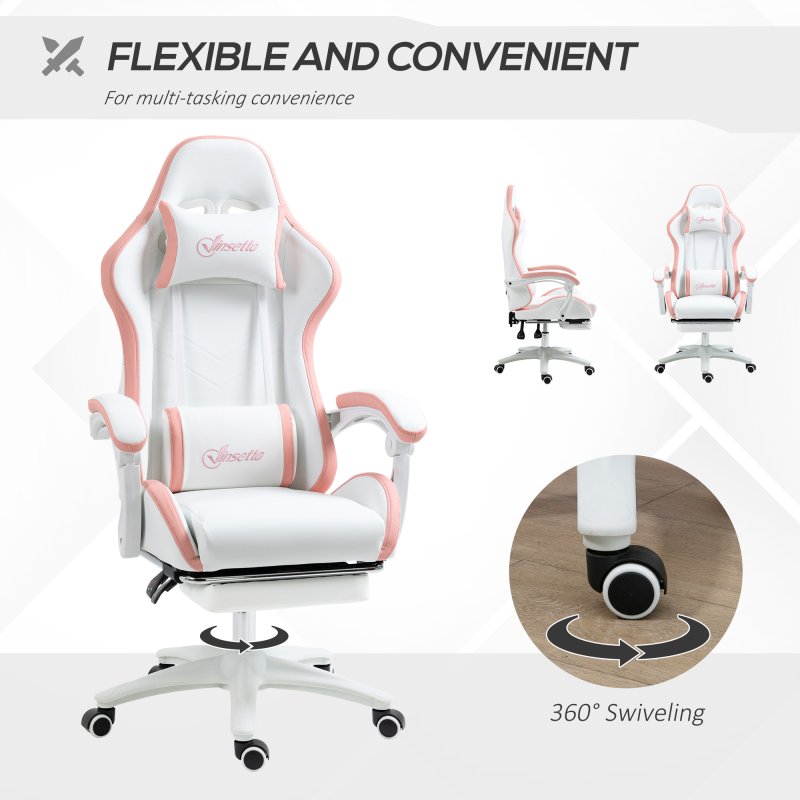 Vinsetto Computer Gaming Chair, PU Leather Office Desk Chair with Footrest, Swivel Wheels, 135?? Reclining Back, Lumbar Support, Headrest for Home, White and Pink