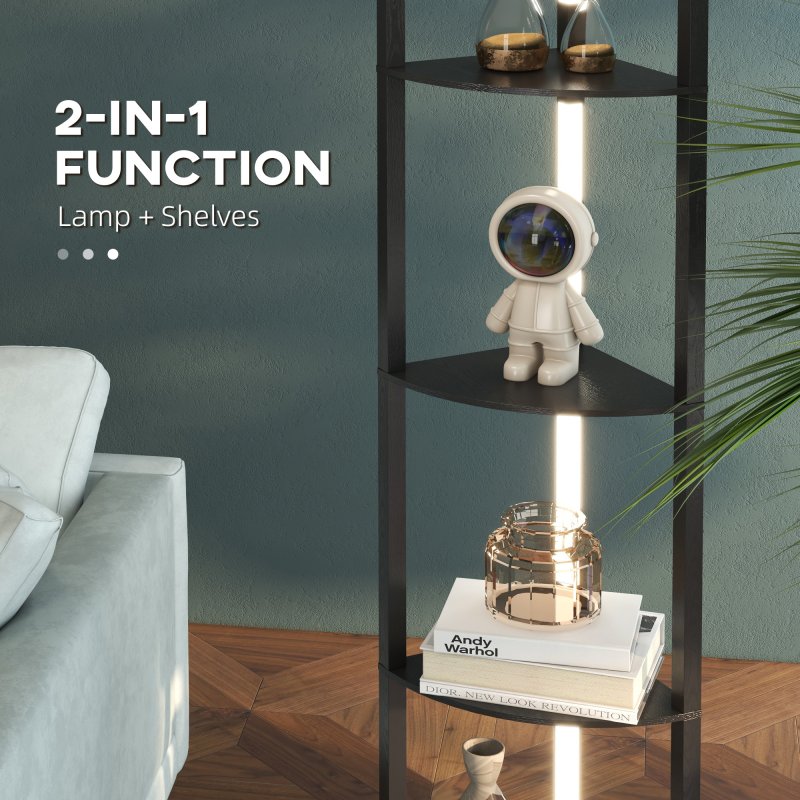 HOMCOM LED Floor Lamp with Shelves, 4 Layers Dimmable Modern Standing Lamp with 3 Brightness Levels and Foot Switch for Living Room, Bedroom, Office, Black
