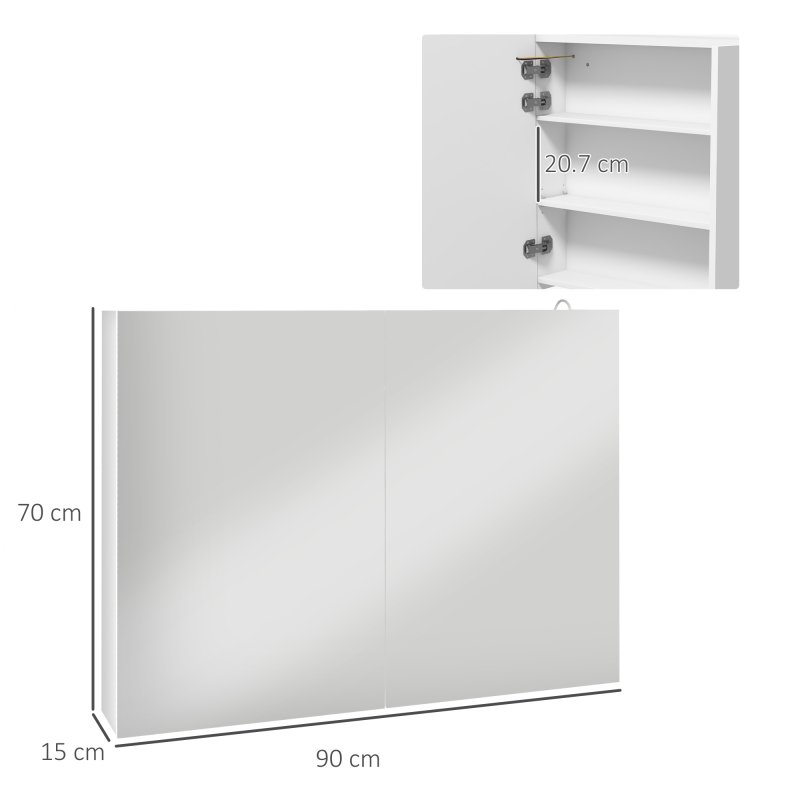 kleankin LED Lighted Bathroom Mirror Cabinet, Wall Mounted Bathroom Storage Cupboard with Adjustable Shelf, USB Powered, 90W x 15D x 70Hcm, High Gloss White