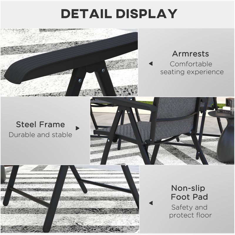 Outsunny Set of 4 Outdoor Wicker Folding Chairs, Patio PE Rattan Dining Armrests Chair set with 7 Levels Adjustable Backrest, for Outdoors, Camping, Grey