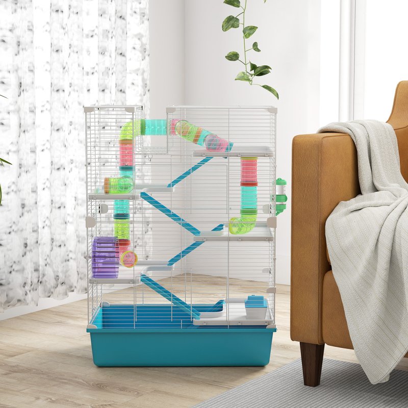 PawHut 6 Tier Hamster Cage, Gerbil Cage with Tubes, Exercise Wheel, Hut, Water Bottle, Food Dish, Ramps, Small Animal Cage for Dwarf Hamster, 58 x 36 x 81 cm, Light Blue