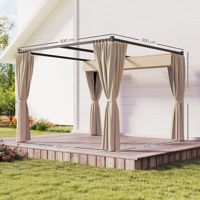Outsunny 3 x 3(m) Pergola with Retractable Roof Canopy and Curtains, Metal Frame Garden Gazebo Outdoor Sun Shade Shelter for Grill, Patio, Deck, Khaki