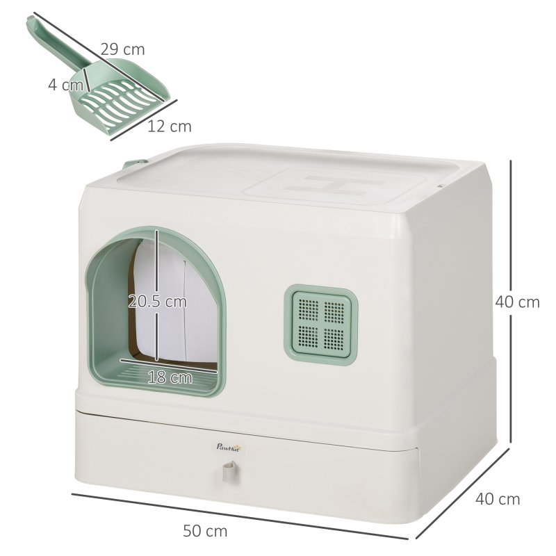 PawHut Cat Litter Box with Drawer Pan, Hooded Cat Litter Tray with Scoop, Deodorants, Front Entrance, 50 x 40 x 40cm - White