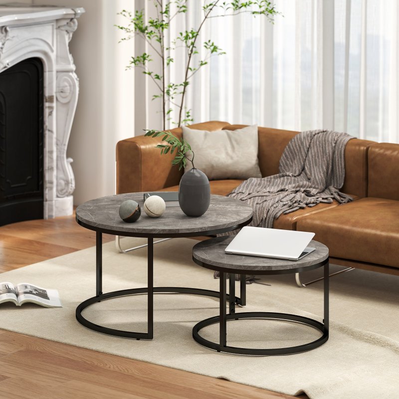 HOMCOM Round Nesting Coffee Table Set of 2, Large Stacking End Side Table with Steel Frame for Living Room, Bedroom, Home Office, 78.5 x 78.5 x 46.5 cm, Marble Dark Grey
