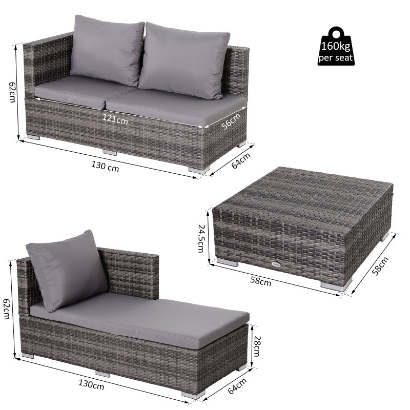 Outsunny 3 Pieces Rattan Garden Furniture Sofa Set, 4 Seater Garden Corner Sofa with 5-Level Reclining Sun Lounger and Storage Coffee Table, Outdoor Furniture Conservatory Set with Cushions, Grey