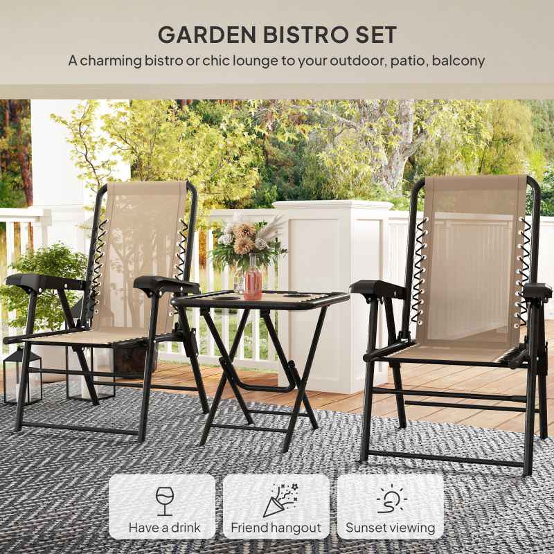 Outsunny 3 Pieces Garden Bistro Set, Folding Table and Chairs Set, Metal Garden Furniture Set with Cup Holders for Outdoor, Patio, Balcony, Khaki