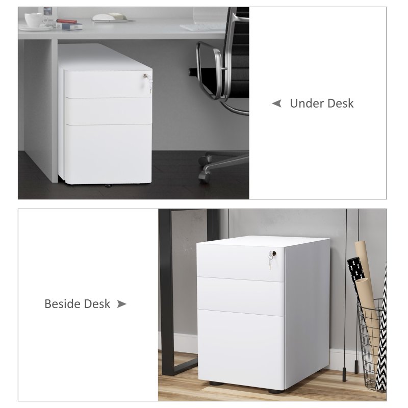 Vinsetto 3-Drawer Mobile Filing Cabinet, Steel Lockable File Cabinet for A4, Legal, Letter, Compact Under Desk Storage Unit with Pre-Assembled Body Except Wheels for Home Office, 39 x 48 x 59cm, White