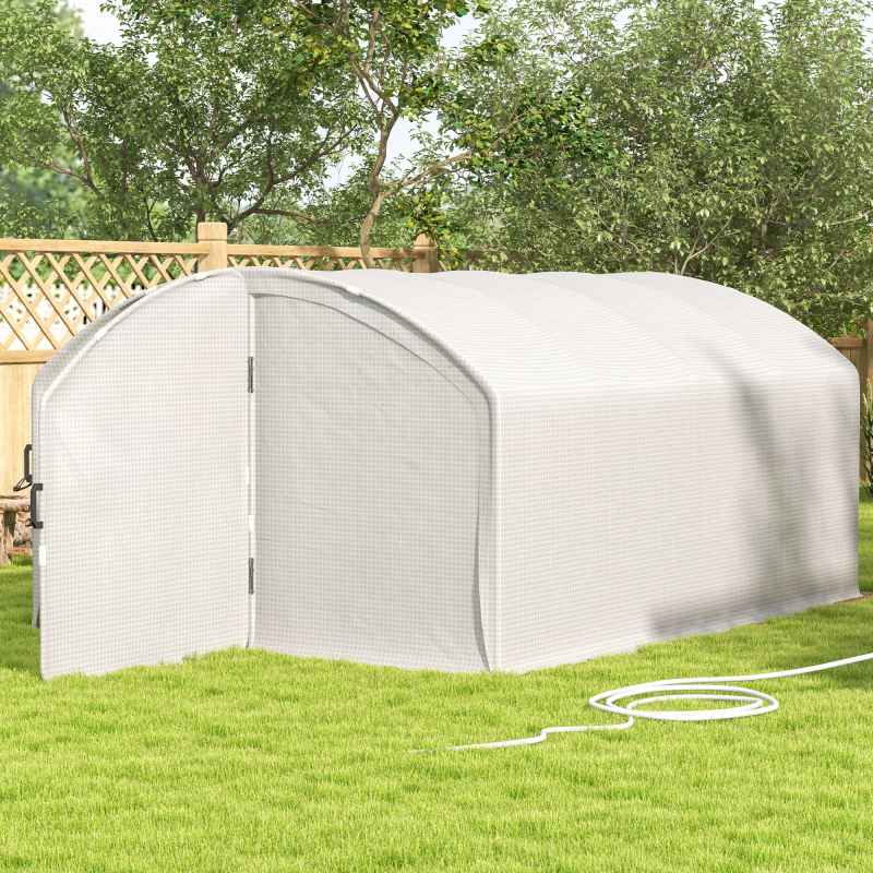 Outsunny 4 x 3 x 2m Polytunnel Greenhouse with Hinged Door, Walk-in Grow House Tent with UV-resistant PE Cover, Galvanised Steel Frame, Clamps, White