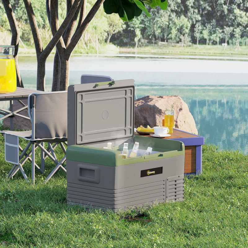Outsunny 30L Car Refrigerator, Portable Compressor Car Fridge Freezer, Electric Cooler Box with 12/24V DC and 110-240V AC for Camping, Driving, Picnic, Down to -20°C, Light Green and Grey