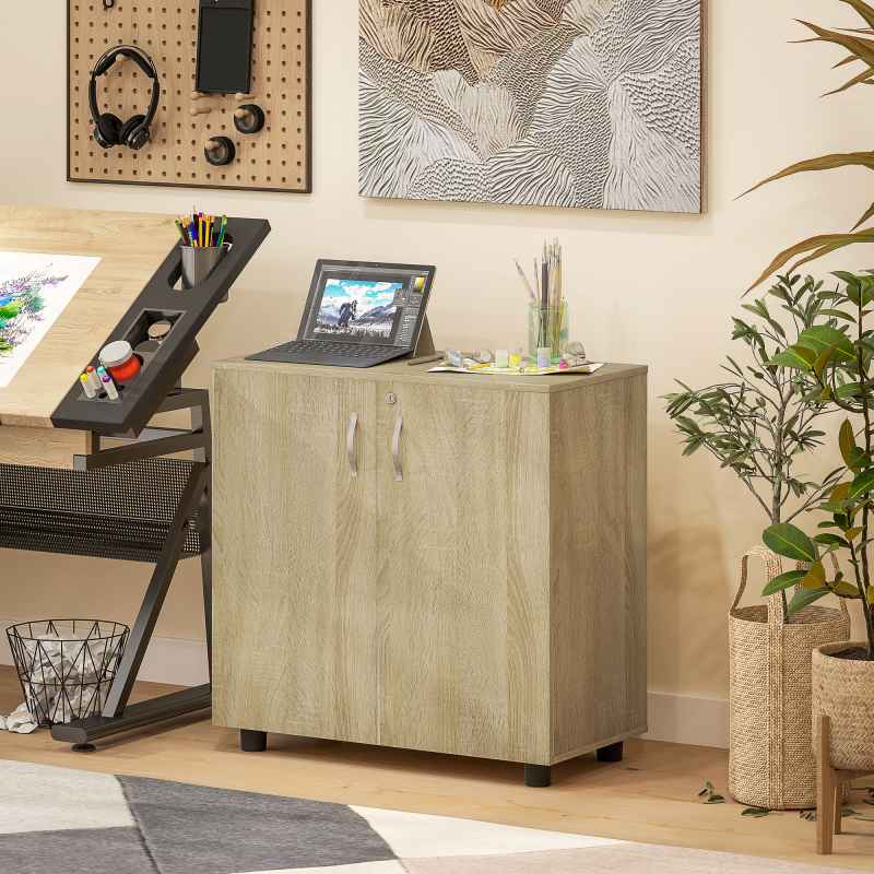 Vinsetto Filing Cabinet with Locking Doors & Shelves, 2-Tier Lockable Storage Cabinet with 2 Keys for Home Office, 80W x 40D x 80H cm, Oak