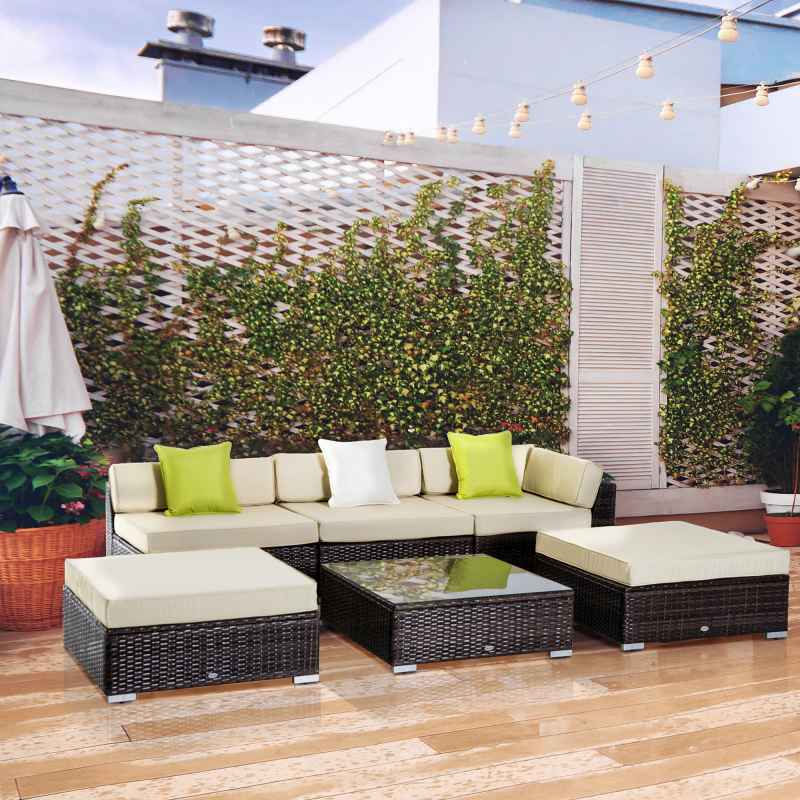 Outsunny 6 Pieces Rattan Garden Furniture Set, 5 Seater Garden Sofa Set with Thickened Cushions, Glass Top Coffee Table and Ottomans, Outdoor Sectional Conservatory Furniture with Pillows, Brown