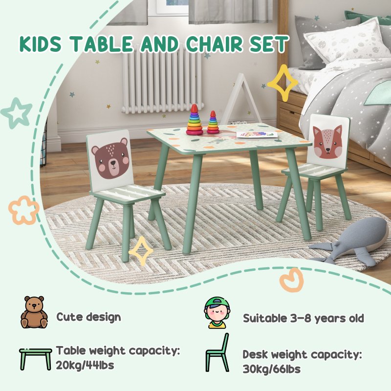 ZONEKIZ Kids Table and Chair Set, Toddler Table with 2 Chairs, Three Piece Toddler Activity Furniture Set for Bedroom, Nursery, Playroom, Green