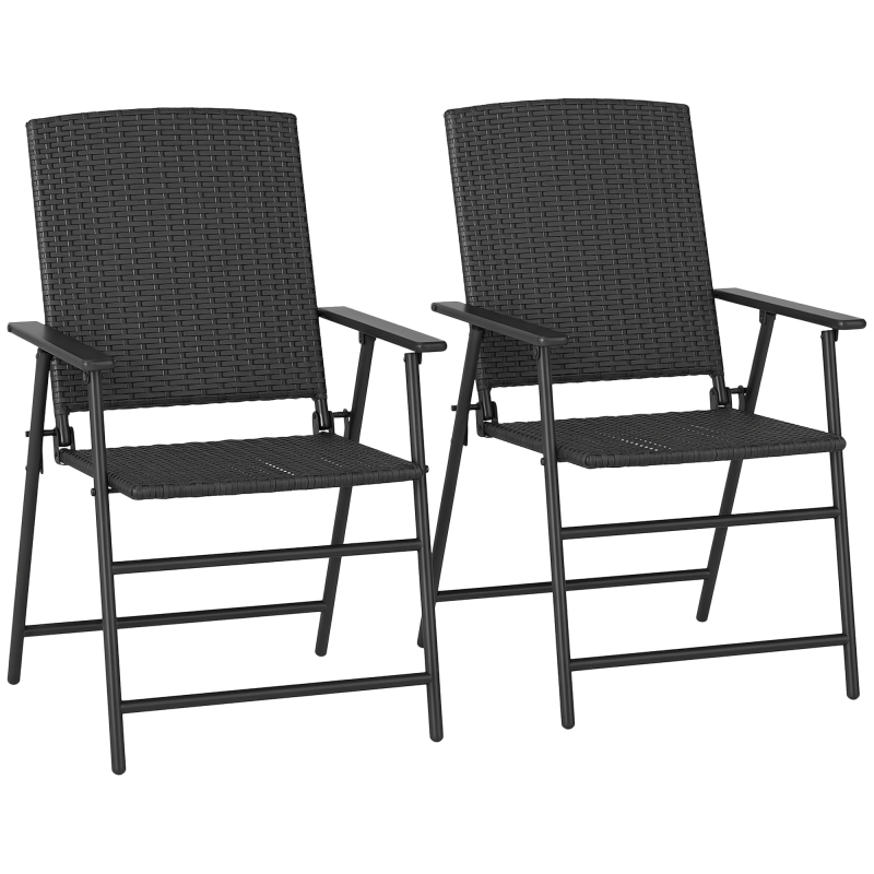 Outsunny Folding Garden Chairs Set of 2, PE Rattan Garden Dining Chairs with Armrests, High Back and Steel Frame, Weather Resistant Outdoor Dining Furniture for Patio, Balcony, Black