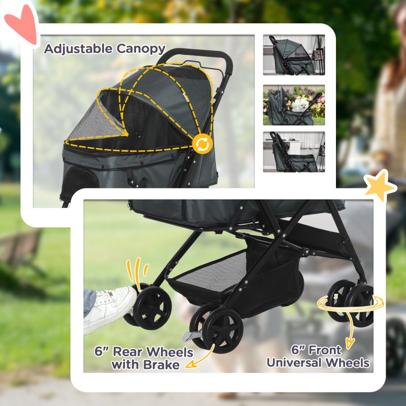 PawHut Dog Stroller, Pet Stroller, Foldable Dog Cat Travel Pushchair with Reversible Handle, EVA Wheels, Brake, Basket, Adjustable Canopy, Safety Leash, for Small Dogs, Grey