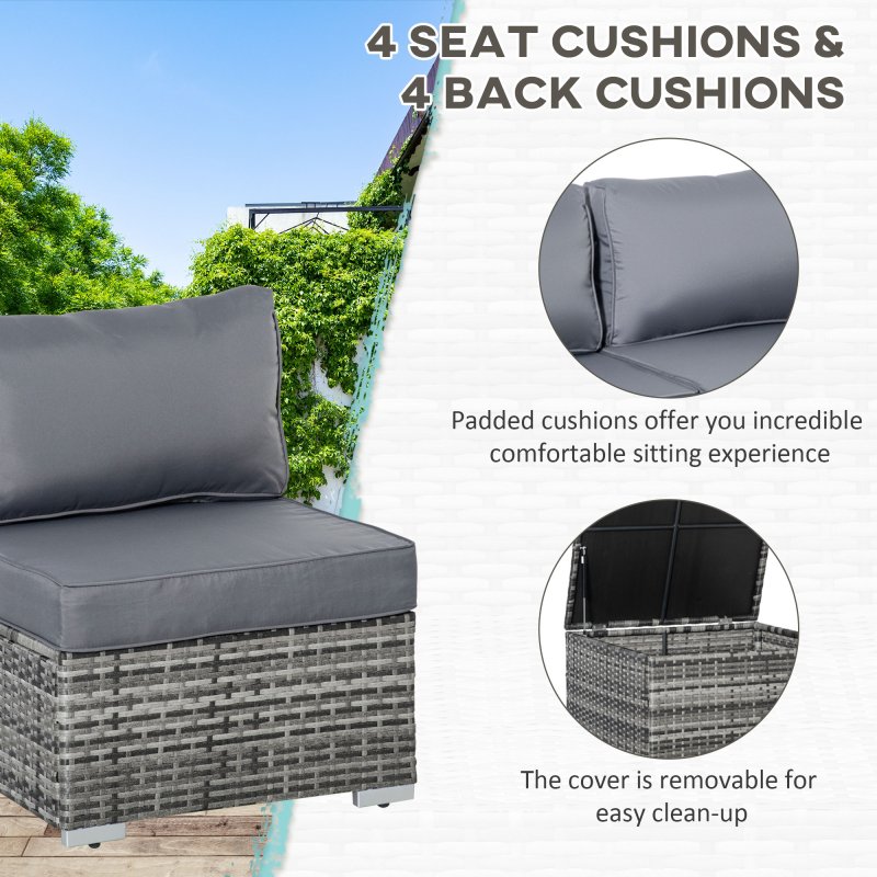Outsunny 6 Pieces Rattan Garden Furniture Set, 4 Seater Wicker Garden Corner Sofa Set with 2 Storage Tables and Loveseats, Outdoor Conversation Furniture with Cushions for Conservatory, Patio, Grey