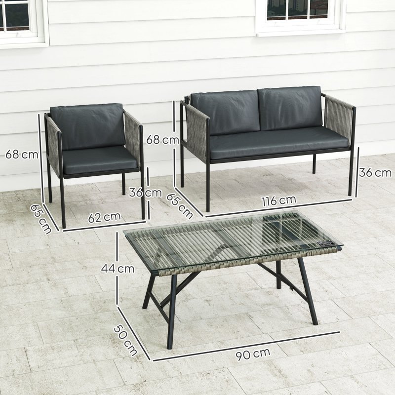 Outsunny 4 Piece Rattan Garden Furniture Set, 4 Seater Wicker Outdoor Furniture Set with 2 Armchairs, Loveseat, Glass Top Coffee Table and Cushions for Balcony, Porch, Grey