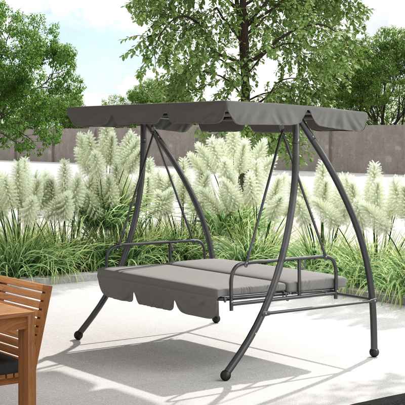 Outsunny Outdoor 2-in-1 Swing Chair Lounger 3 Seater Garden Swing Seat Bed Hammock Bed Convertible Tilt Canopy W/ Cushion, Light Grey