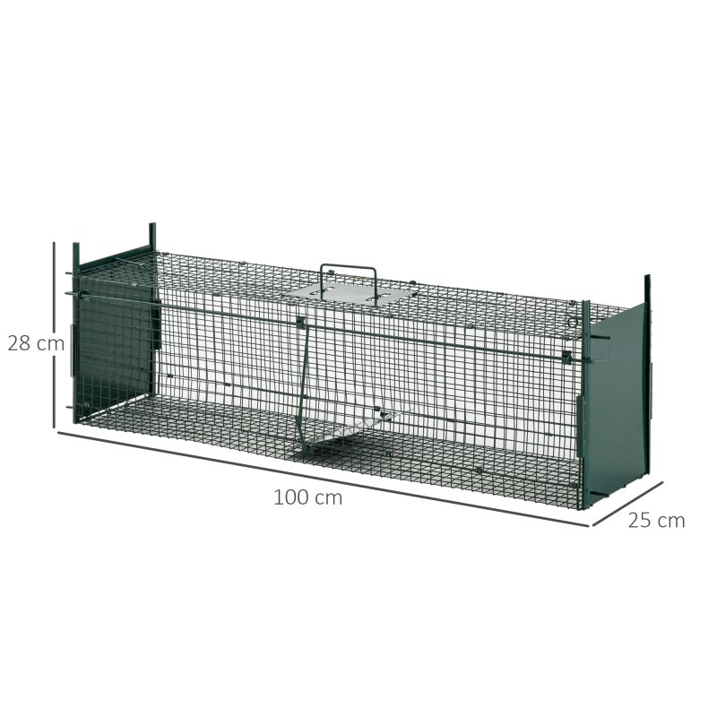 PawHut Two-Door Live Trap for Small Animals, Outdoor and Indoor Animal Trap for Rat, Mice, 100 x 25 x 28cm - Dark Green