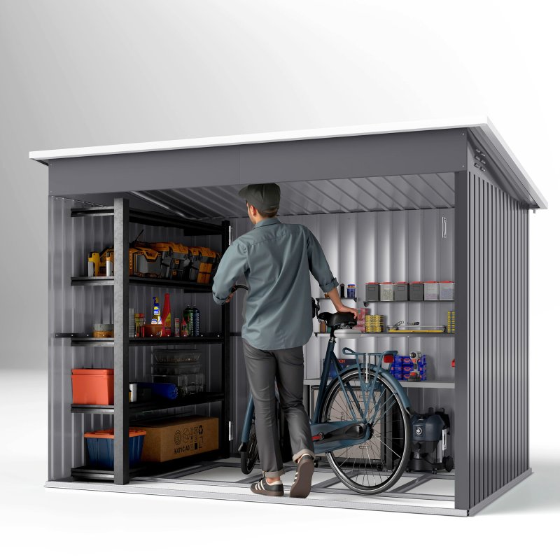 Outsunny 8.5 x 6ft Storage Shed Galvanised Steel Garden Shed, Metal Shed with Foundation Kit, Window, Lockable Wide Doors and Air Vents for Outdoor Patio, Dark Grey