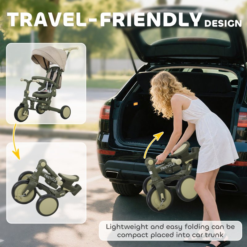 AIYAPLAY Kids Trike, Foldable Toddler Tricycle 5 in 1 with Adjustable Parent Handle & Removable Canopy, 5-point Safety Harness, Footrest, Storage Bag, for Ages 1-3 Years, Dark Green
