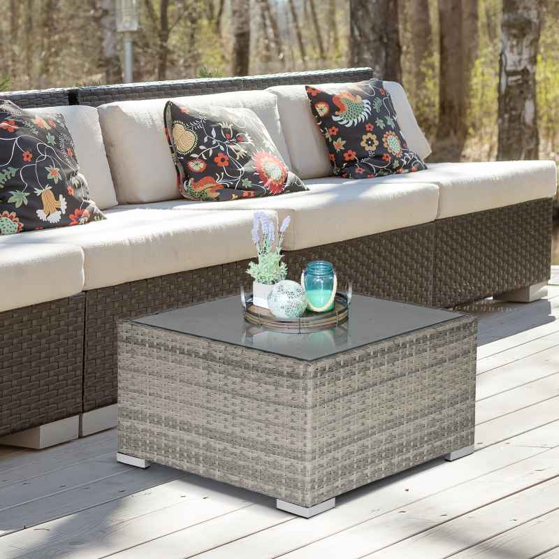 Outsunny Rattan Garden Coffee Table, 65 cm Square Garden Rattan Table with Tempered Glass Top, All-Weather Wicker Bistro Outdoor Furniture for Patio, Balcony, Porc, Grey