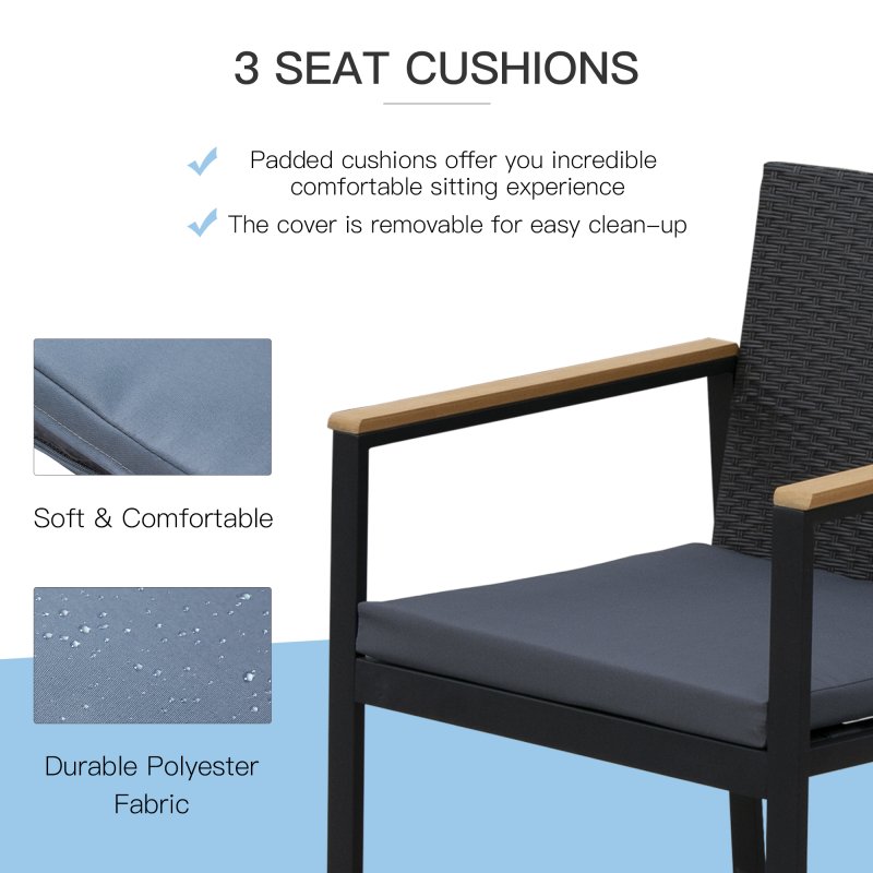 Outsunny 4 Pieces Rattan Garden Furniture Set, 4 Seater Garden Sofa Set with Loveseat, 2 Armchairs and Glass Top Coffee Table, Wicker Outdoor Conservatory Furniture with Cushions for Patio, Black