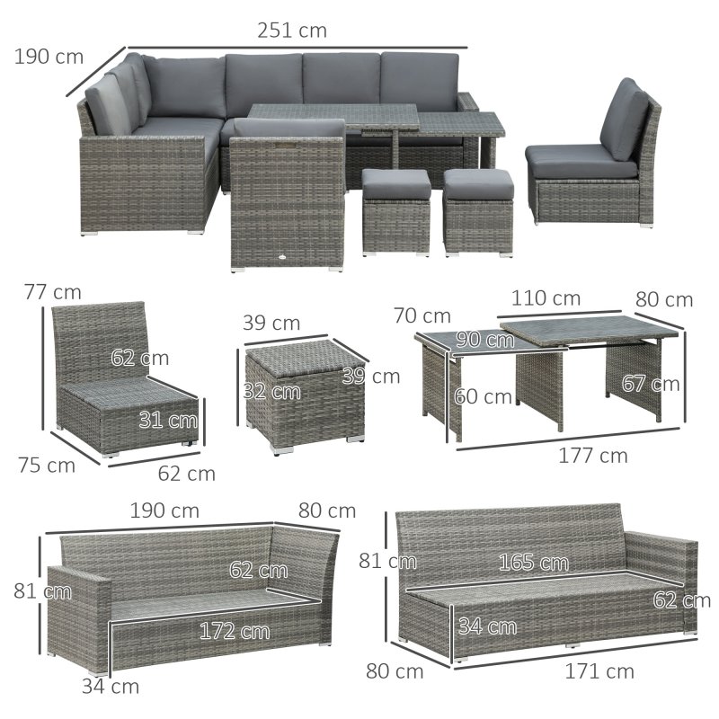 Outsunny 10 Seater Rattan Dining Set with Expandable Table and Nesting Chairs, Rattan Garden Furniture Set with Cushions, Outdoor Dining Table and Chairs, Sectional Corner Sofa Set, Grey