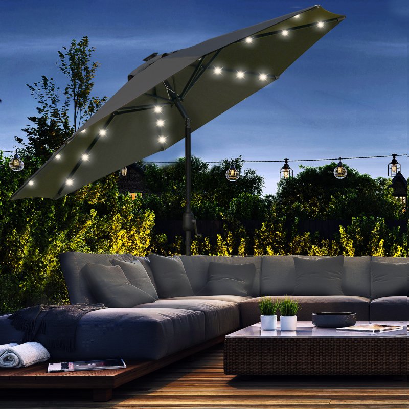 Outsunny 2.7m Patio Garden Umbrella Outdoor Parasol Outdoor Market Table Umbrella with Tilt Crank and 24 LEDs Lights (Grey)
