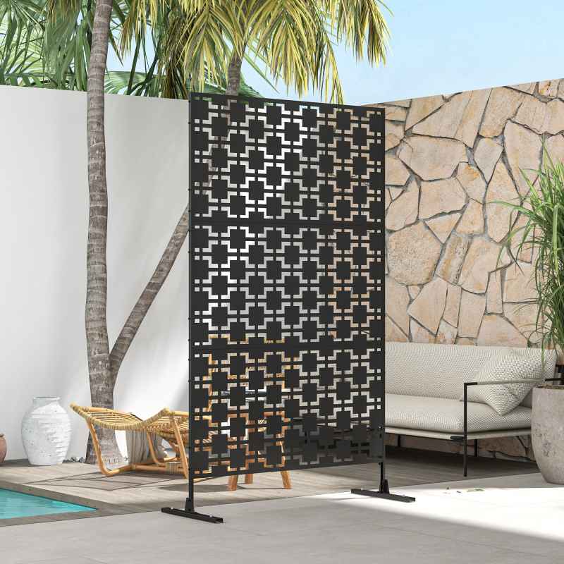 Outsunny Decorative Garden Privacy Screen with Stand, 6.5FT Freestanding Metal Outdoor Divider, Decorative Privacy Panel with Expansion Screws for Garden Pool Hot Tub, Grid Style, Black
