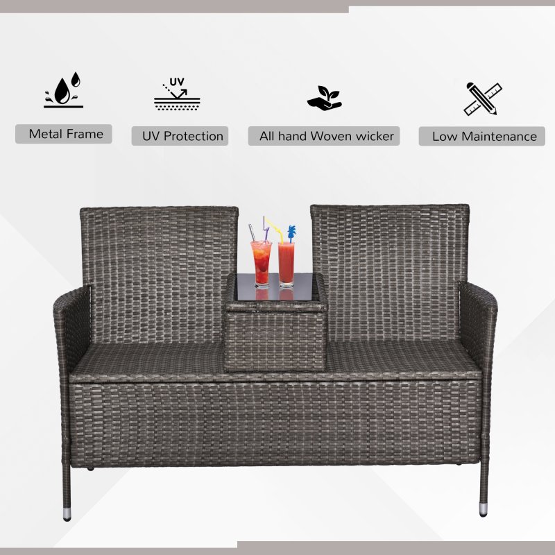 Outsunny 2 Seater Rattan Campanion Chair Wicker Loveseat Outdoor Patio Armchair with Drink Table Garden Furniture - Grey