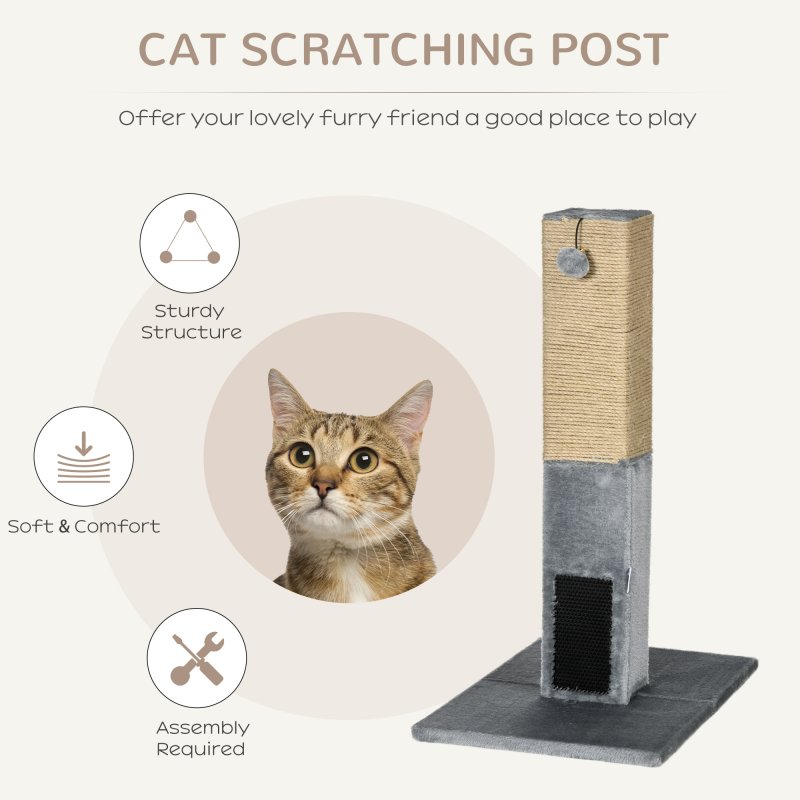 PawHut Cat Tree Scratching Post for Indoor Cats 79cm Jute Scratcher Climber w/ Carpet Base Dangling Toy - Grey