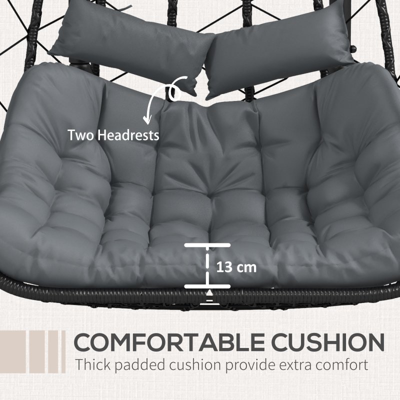 Outsunny Outdoor PE Rattan 2 Seaters Swing Chair with Thick Padded Cushion, Patio Hanging Egg Chair with Metal Stand, Headrest, for Indoor and Outdoor, Black