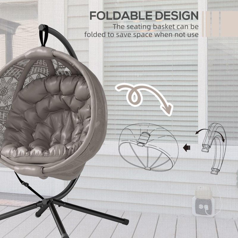 Outsunny Outdoor Hanging Chair, Swing Chair with Metal Stand, Thick Padded Cushion, Foldable Basket and Side Pocket, for Indoor and Outdoor, Sand