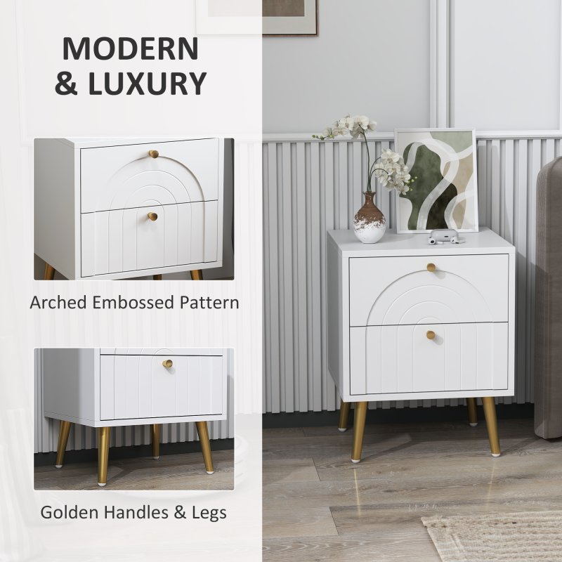 HOMCOM Bedside Table Set of 2, Modern Bedside Cabinets with 2 Drawers and Steel Legs, Side Tables for Living Room, Bedroom, 40 x 35 x 50 cm, White