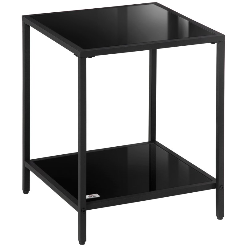 HOMCOM Tempered Glass Side Table with Storage, Modern 2-Tier Bedside Table with Steel Frame, Black