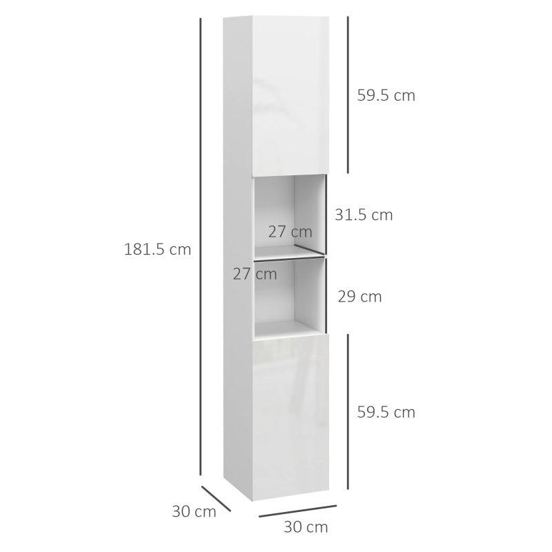 kleankin High Gloss Slim Bathroom Cabinet, Free Standing Bathroom Storage Cabinet with 2 Open Shelves, 2 Door Cupboards and Adjustable Shelves, White