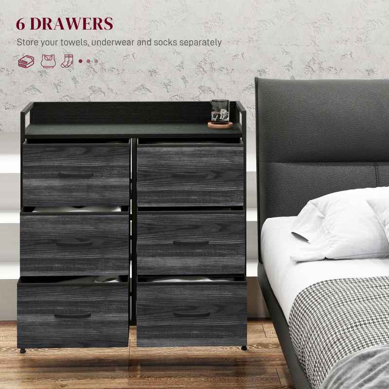 HOMCOM Bedroom Chest of Drawers, Fabric Dresser with 6 Drawers, Storage Organiser Unit with Open Shelf and Metal Frame for Living Room, Entryway