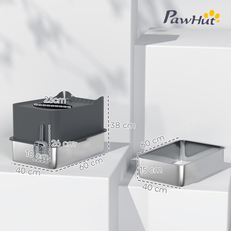 PawHut Stainless Steel Litter Box, Extra Large Enclosed Cat Litter Tray with Scoop, Top Entrance, Non-slip Pads, Easy to Clean & Never Absorbs Odors, Dark Grey