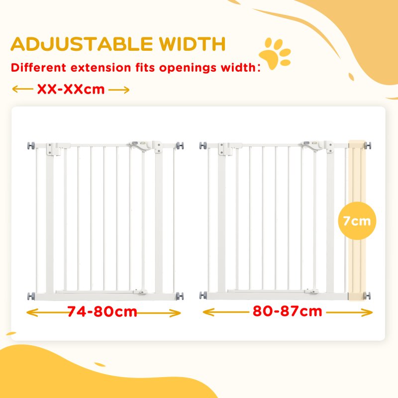 PawHut Dog Gate Stair Gate Pressure Fit Pets Barrier Auto Close for Doorway Hallway, 74-87cm Wide Adjustable, White