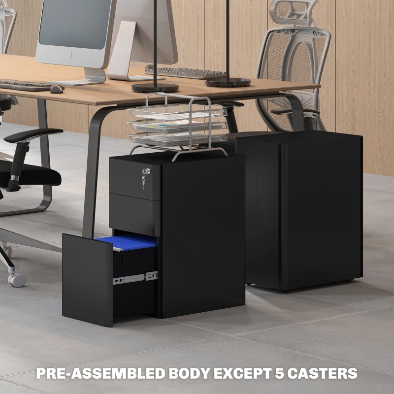 Vinsetto 3-Drawer Mobile Filing Cabinet, Steel Lockable File Cabinet for A4, Legal, Letter, Compact Under Desk Storage Unit with Pre-Assembled Body for Home Office, 30 x 45 x 59cm, Black