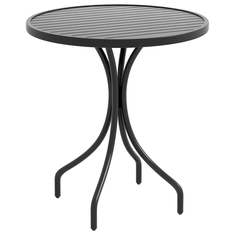 Outsunny ??66cm Garden Side Table, Round Bistro Coffee Table, Outdoor Patio Table with Steel Frame and Slat Tabletop for Balcony and Porch, Black