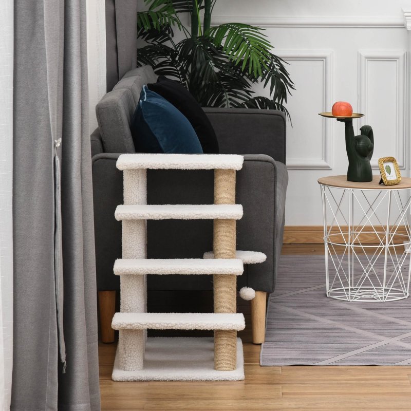 PawHut Pet Stair, Cat Tree with 4-step Climb Ladder, Scratching Posts, Platforms, Toy Ball, for Indoor Elderly Cats Kittens, White